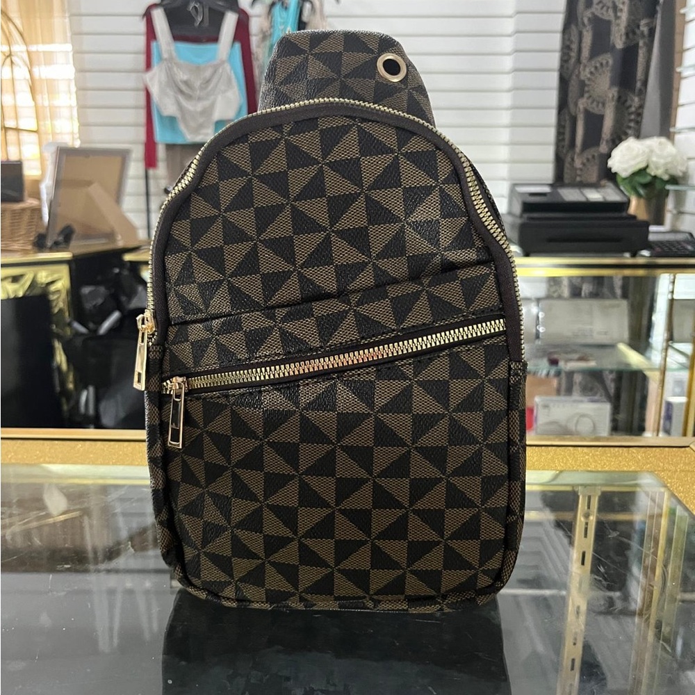 Geometric Patterned Brown Backpack - image 1